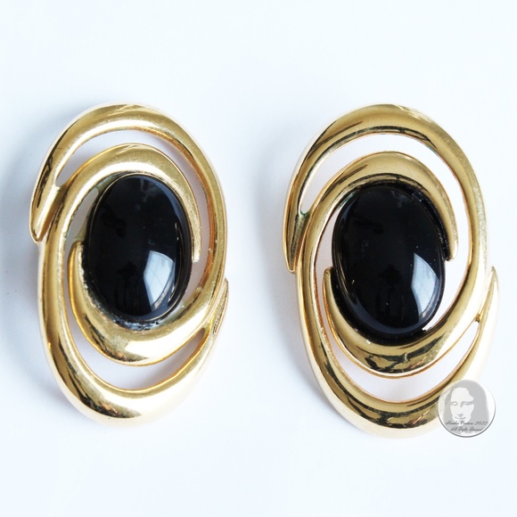 Vintage Napier Earrings Gold Metal Black Abstract Swirl Onyx Black Stones 80s - Picture 3 of 5